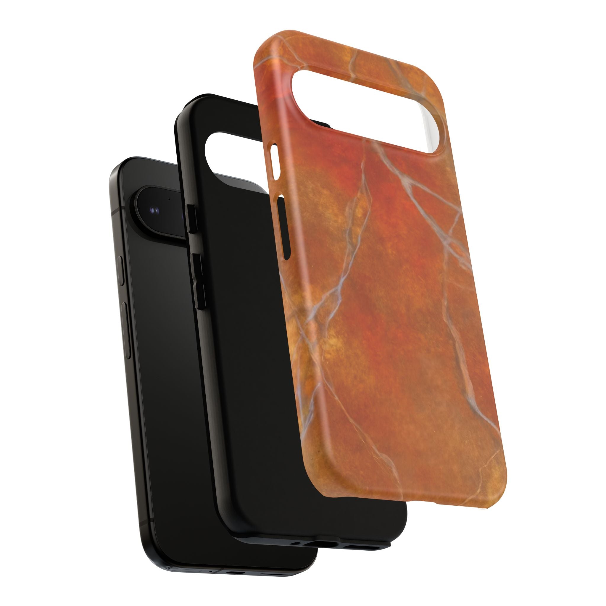Phone case in sophisticated red orange marble design that is impact resistant tough in glossy or matte finish