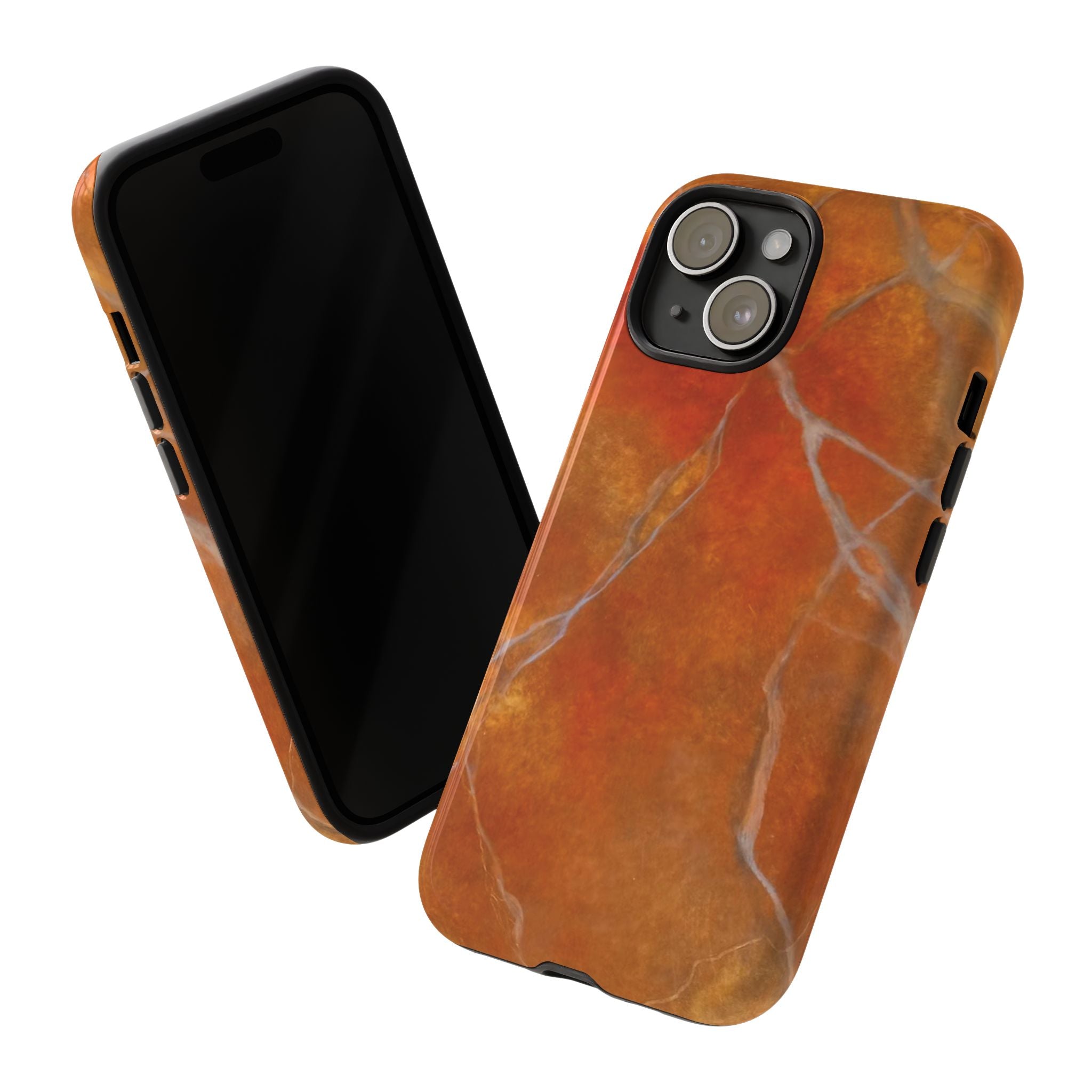 Phone case in sophisticated red orange marble design that is impact resistant tough in glossy or matte finish