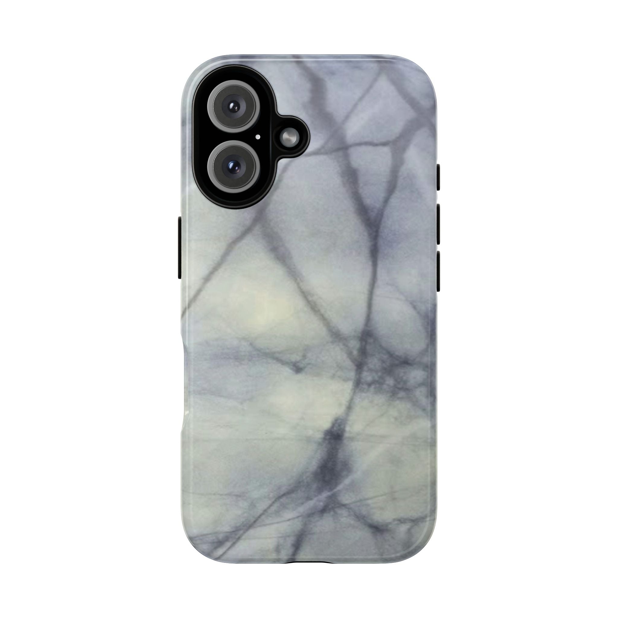 Phone case in impressive grey marble design with shock absorbing dual layer shell and UV resistance in 3D wrap