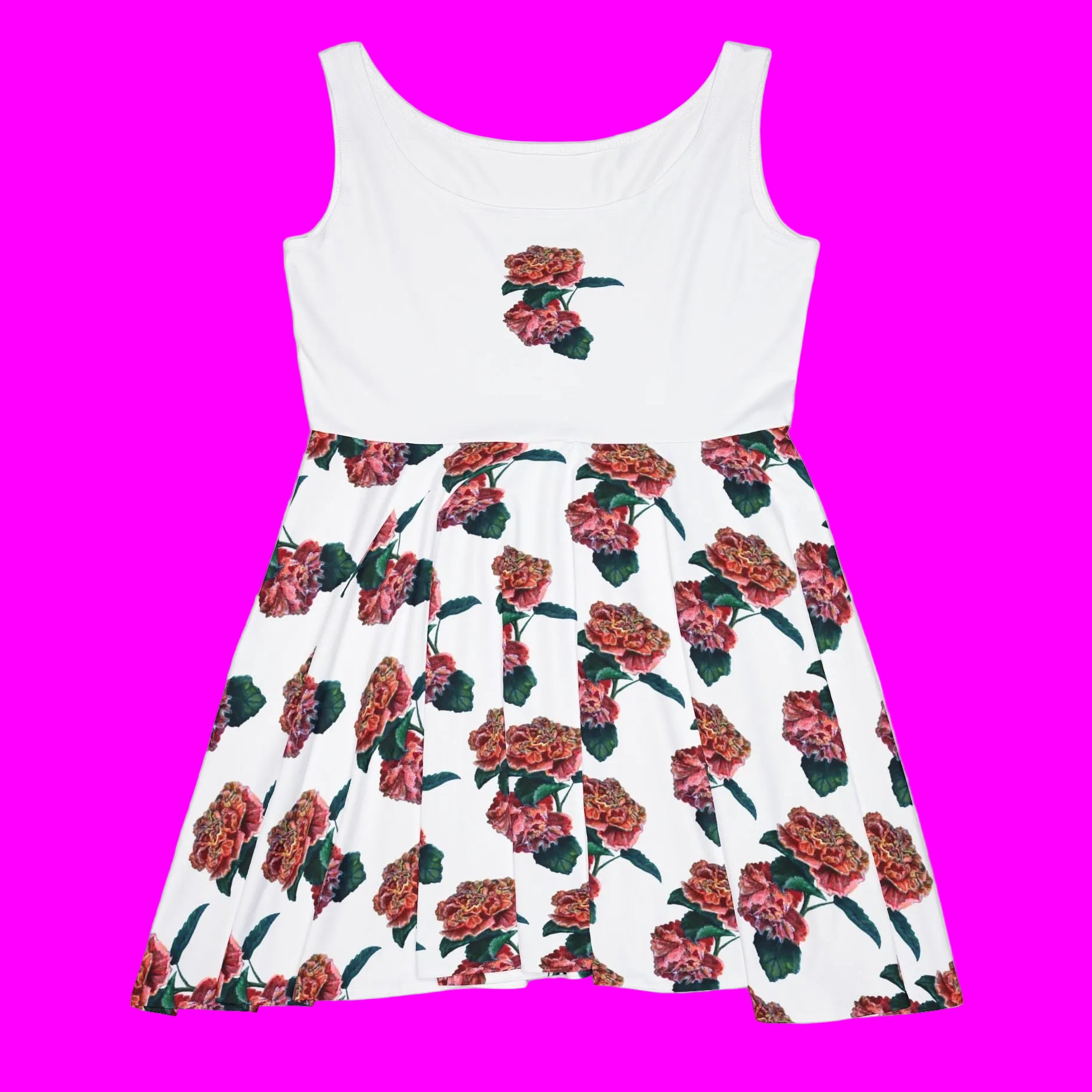 Sleeveless dress with scooped neckline and fun flower print on a full skirt ready to go anywhere
