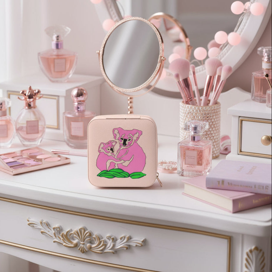 Pink jewelry case with painted pink koalas - unique gift idea