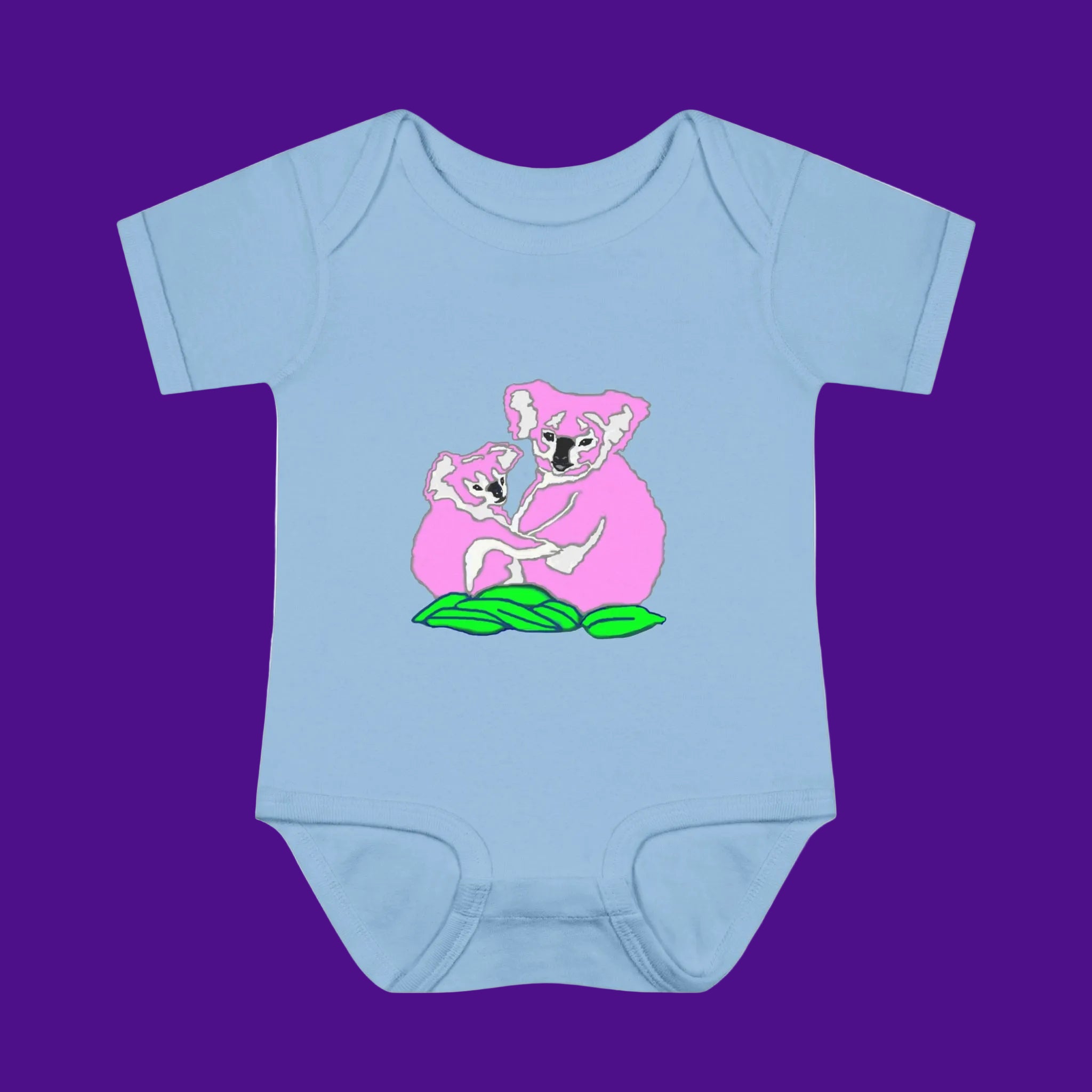 Light blue baby onesie with pink koala - soft 3 snap closure for comfort NB-24mos