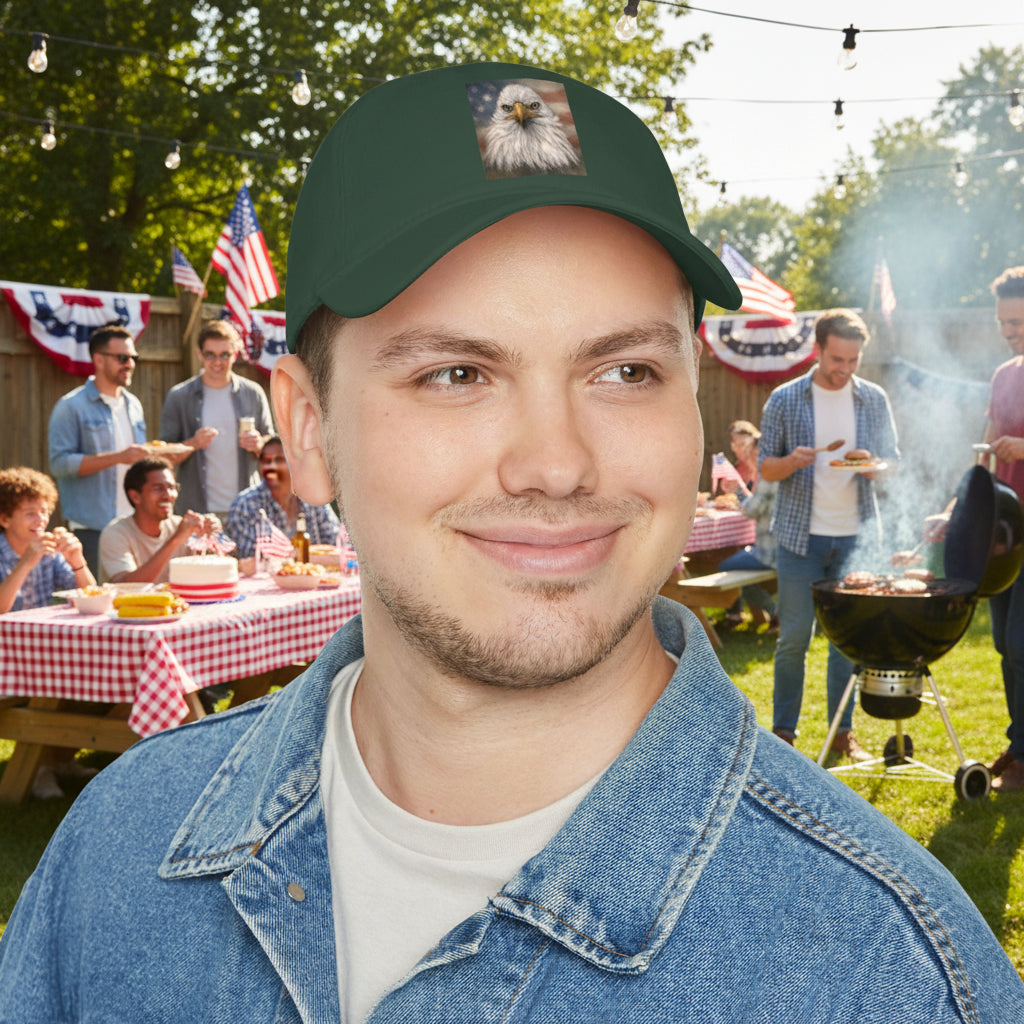 wear a dark green cap features an American Bald Eagle