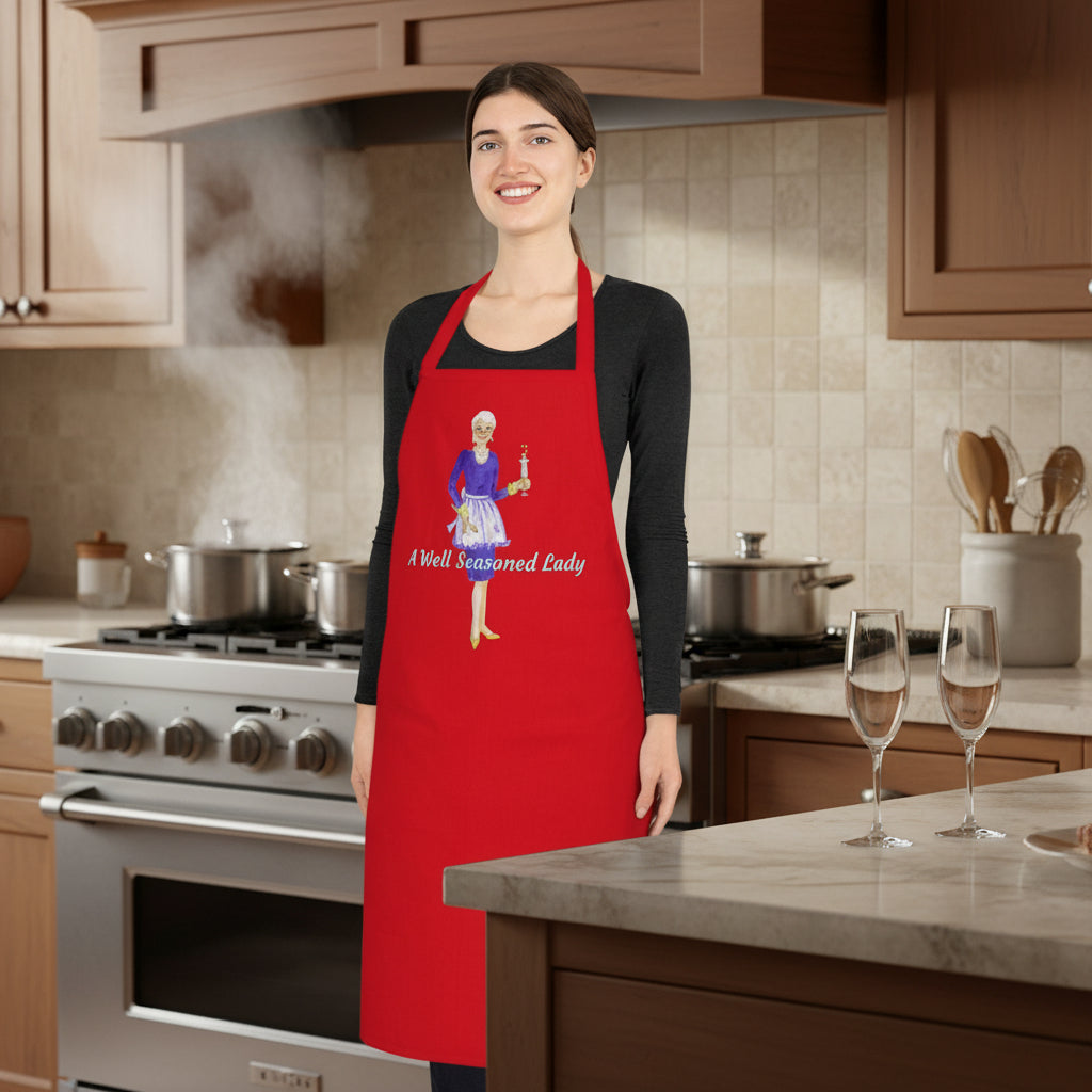 Chef in a red apron with an elegant seasoned lady in apron illustration