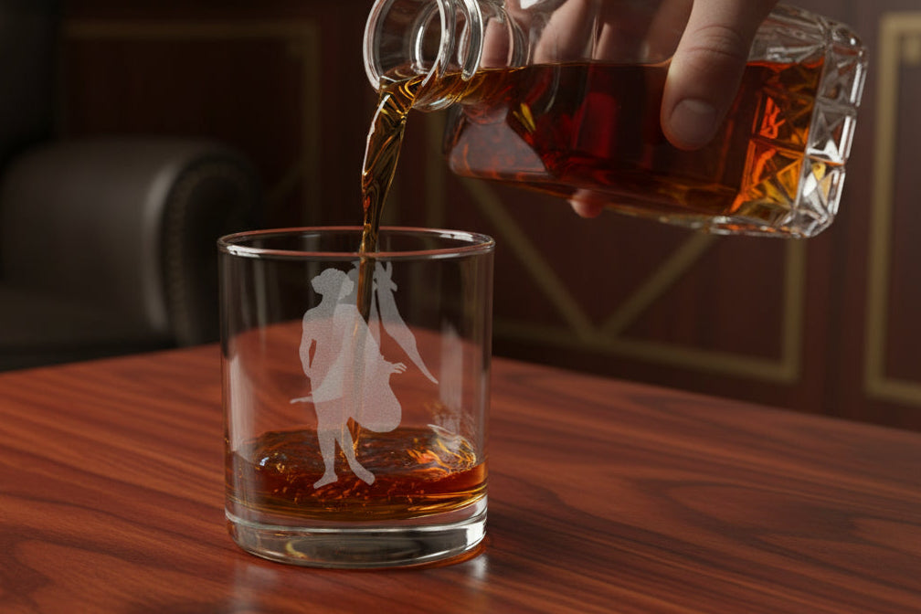 Heavy Bottom Clear Whiskey Glass features 3 sexy diva ladies