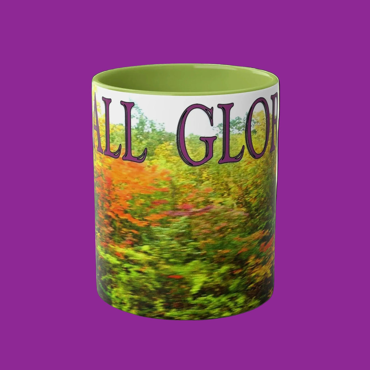 Mug with nature-themed design and 'FAll Glory' text - green interior and handle
