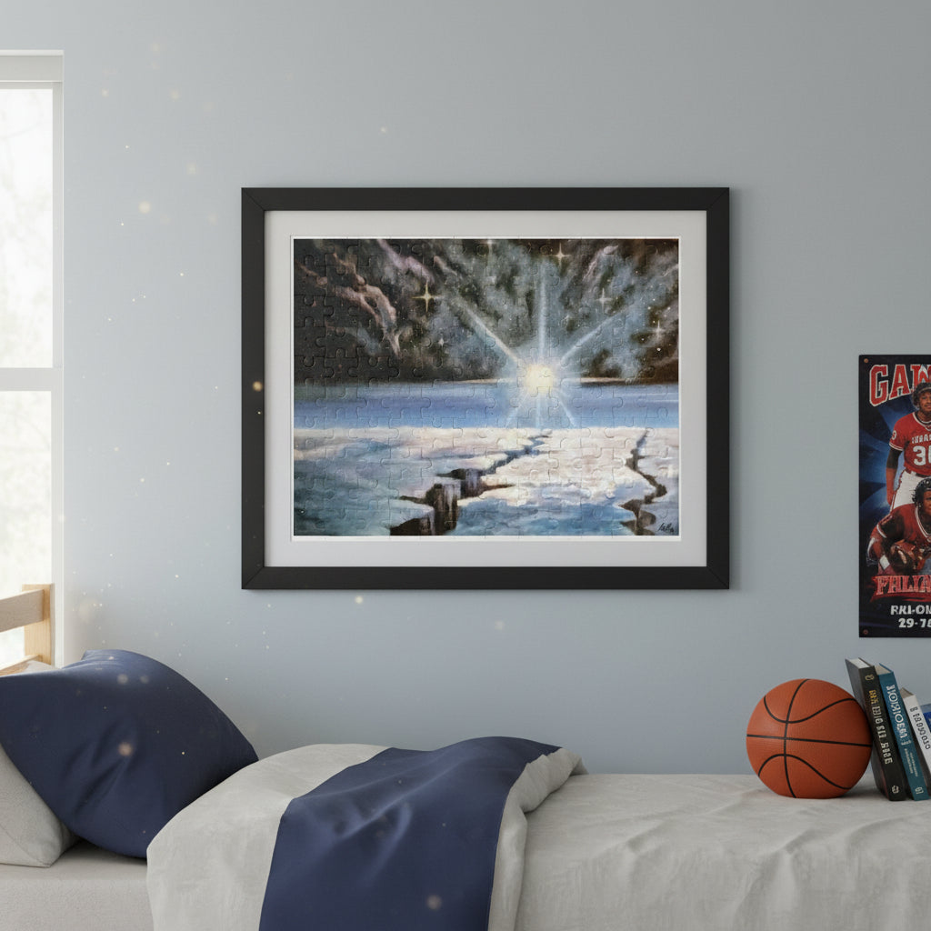 Jigsaw puzzle with a space-themed design featuring stars and a frozen planet