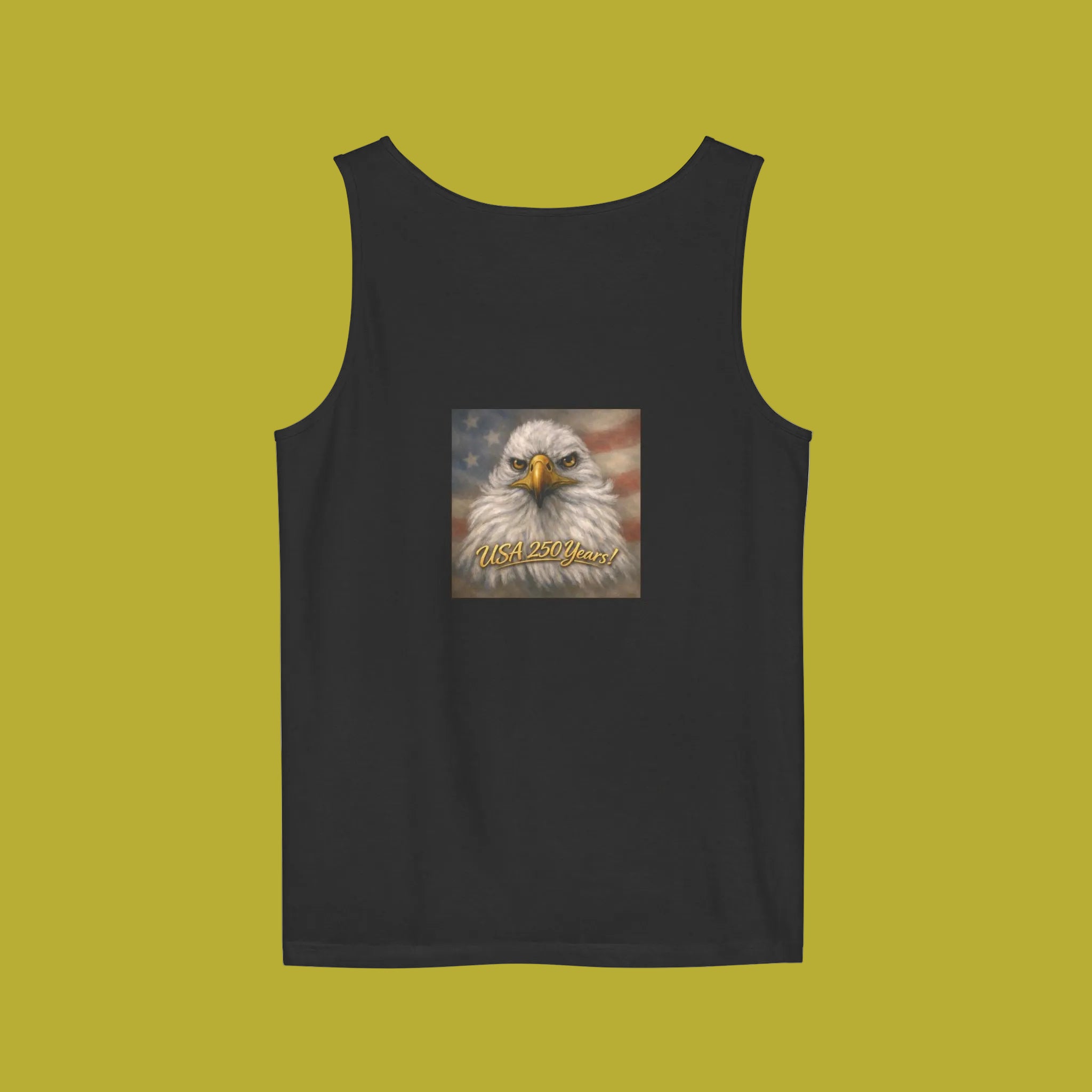Black tank top with an eagle painting and 250 Yrs on the back