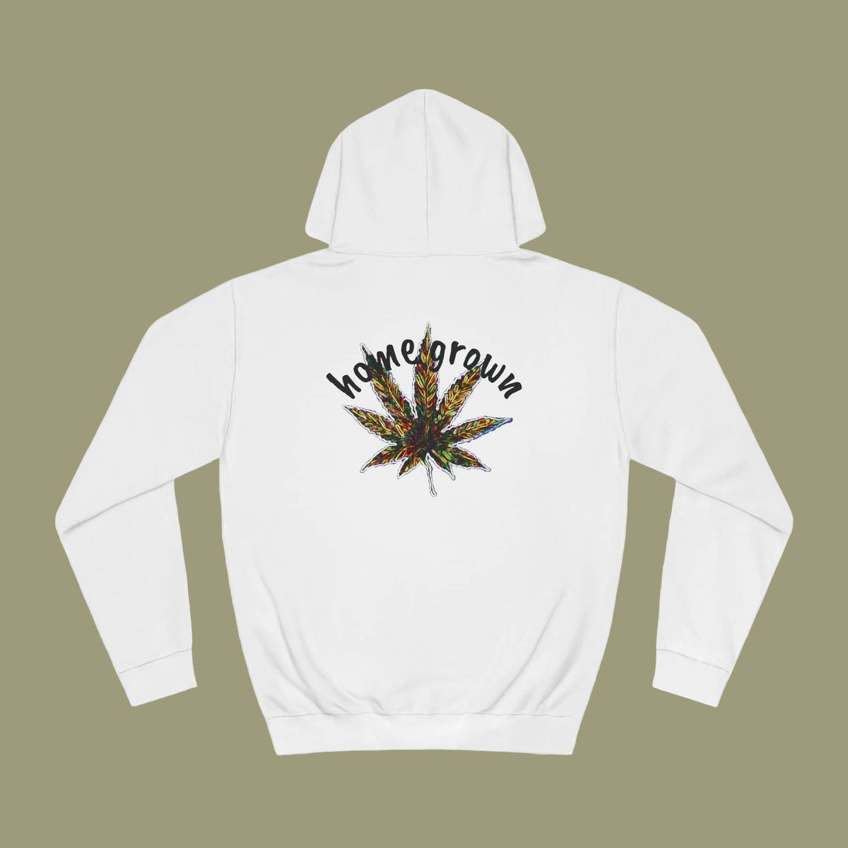 A white pullover hoodie shown from the back, featuring a colorful marijuana leaf graphic with the text 'homegrown' in black script above it.