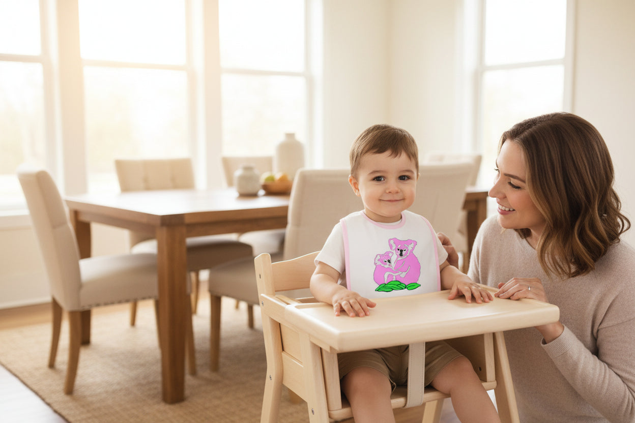 Child wearing a bib with a pink koala design on a pink background