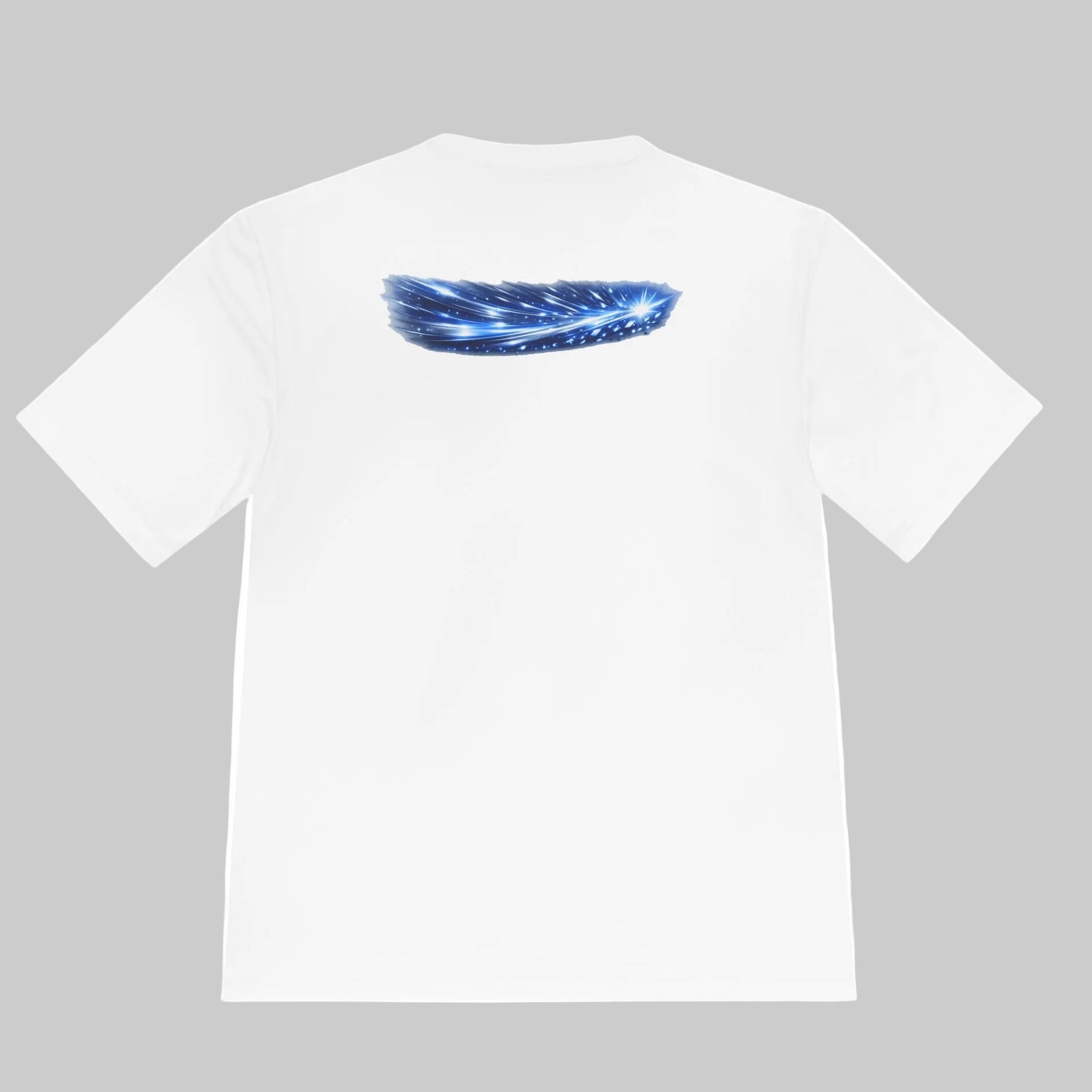 Explosive graphic on back of white Tee
