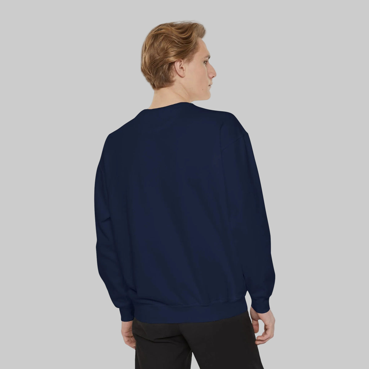 navy blue sweatshirt shown from Back with ribbed cuffs, crew neck and bottom hem