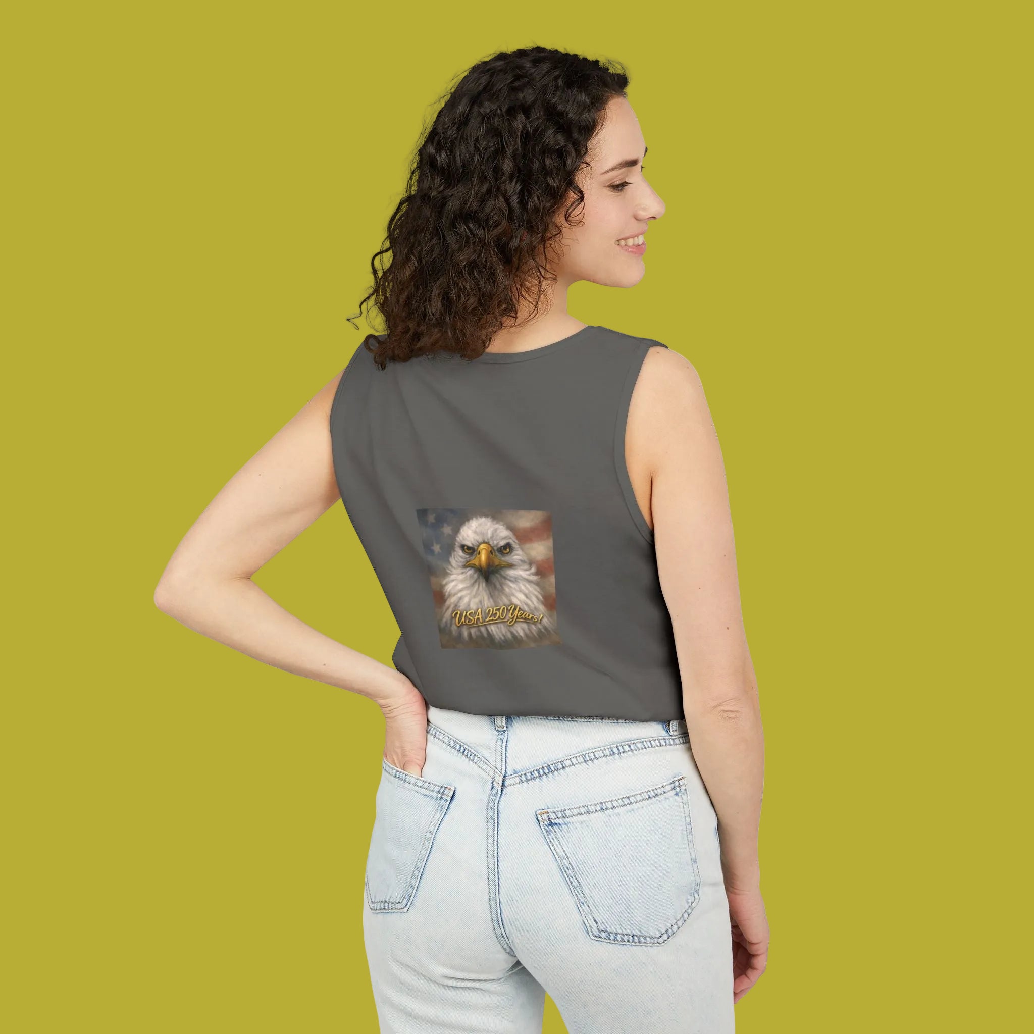 Back of pepper gray tank top with USA Bald Eagle - comes in 4 colors