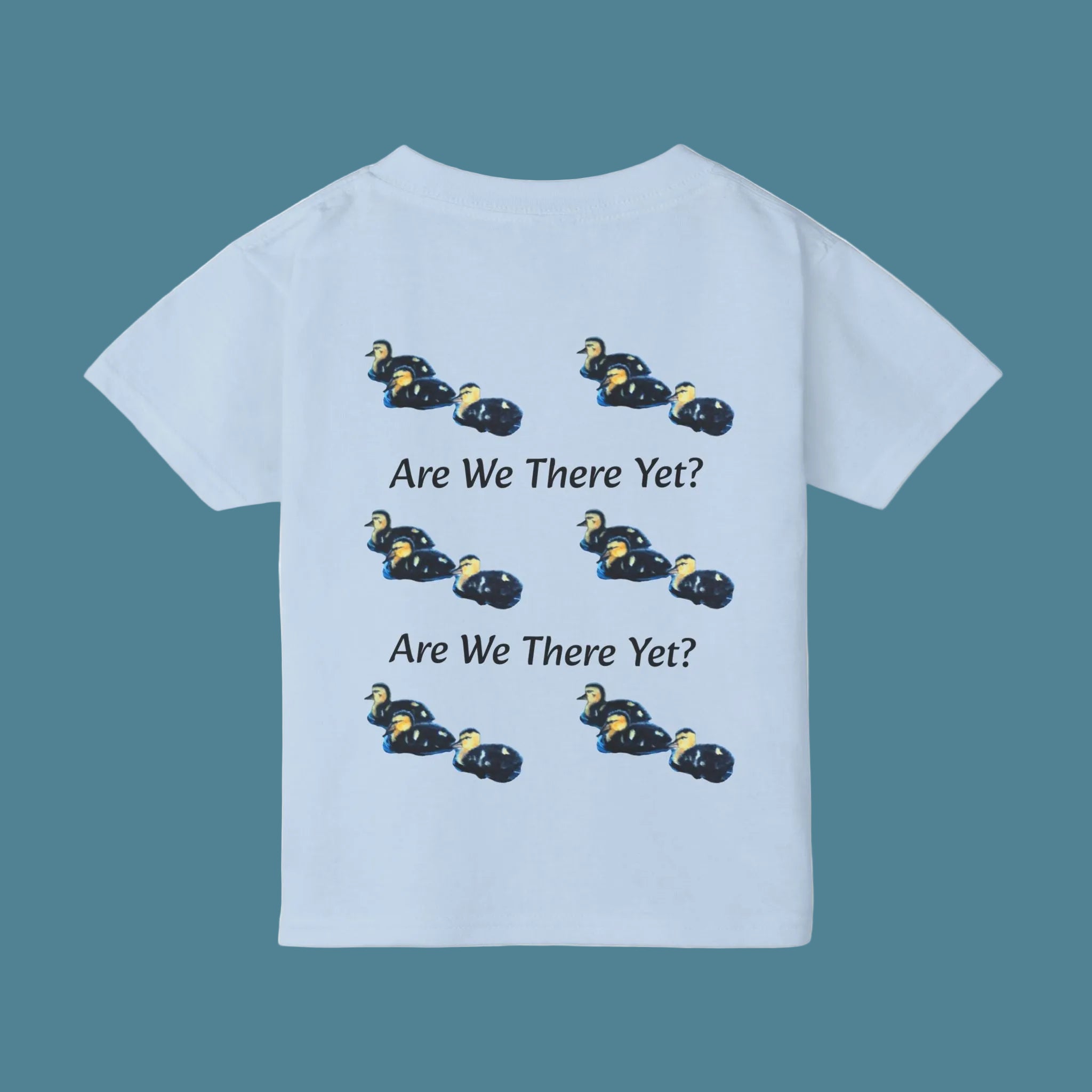 Light blue t-shirt with cute swimming ducklings and 'Are We There Yet?' text 2T-6T