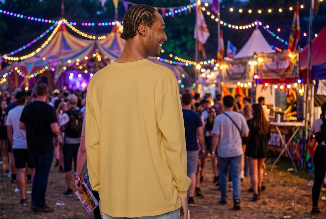 Back view of an unprinted mustard gold long-sleeve tee