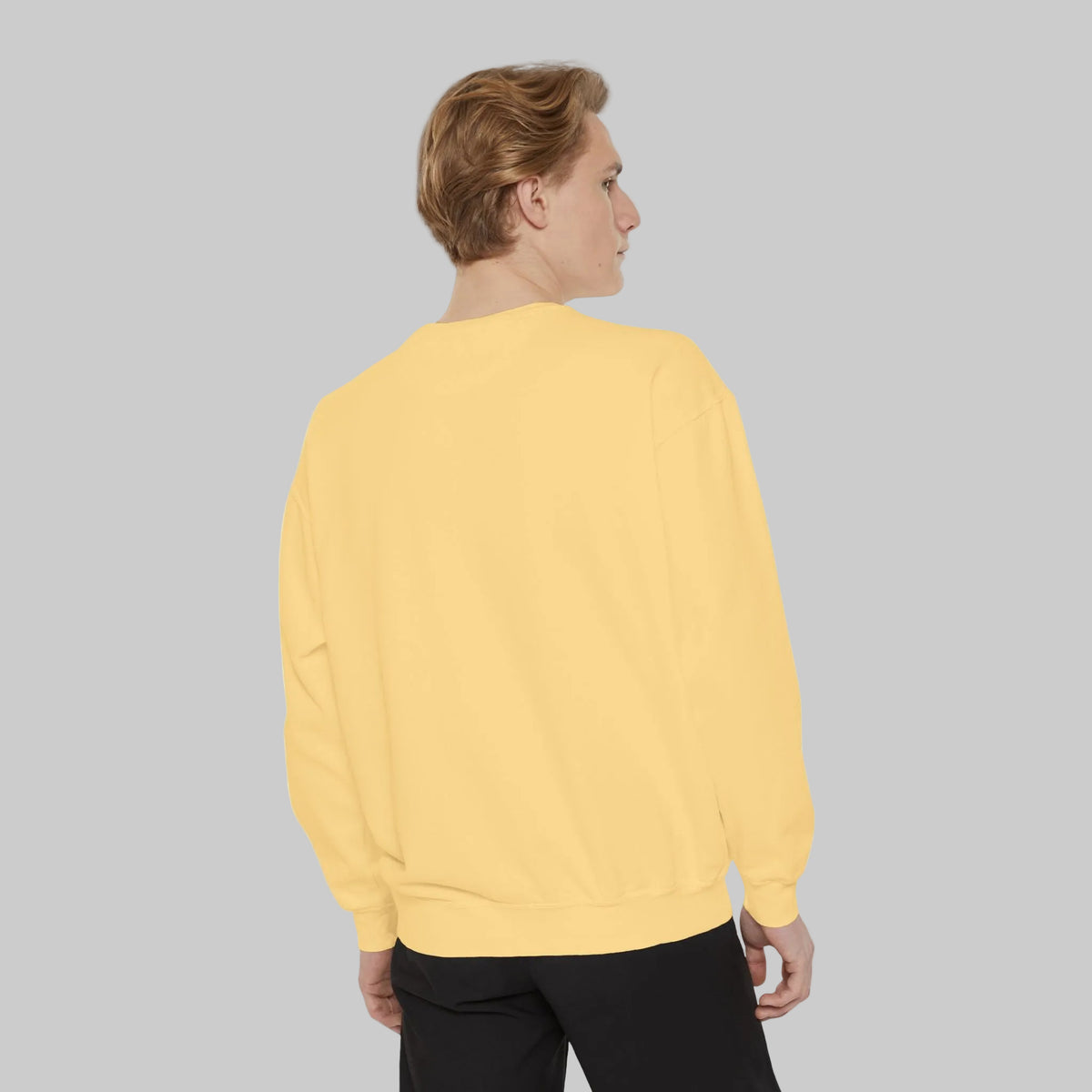 butter yellow sweatshirt shown from back
