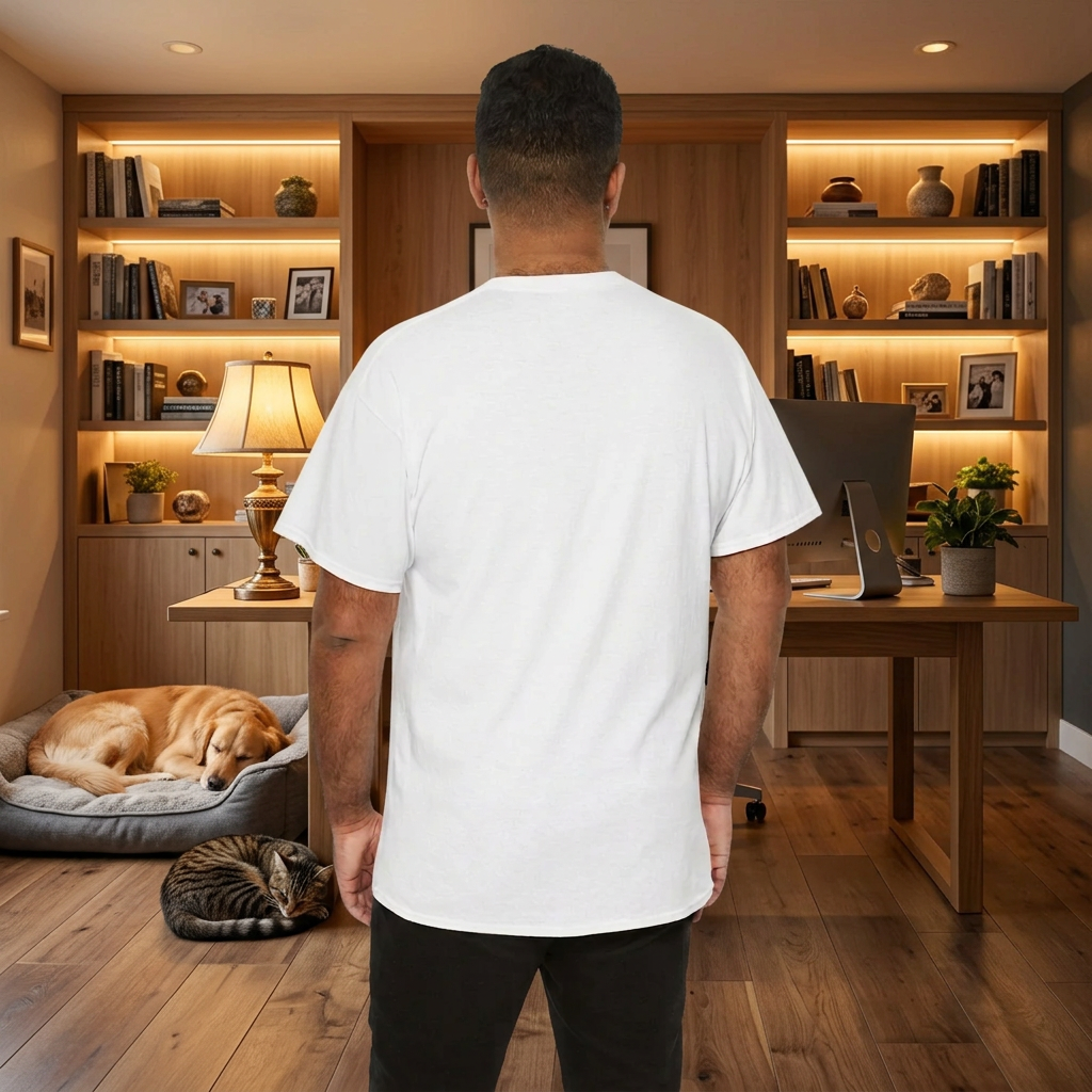 Back view of a man wearing a plain white short-sleeve t-shirt