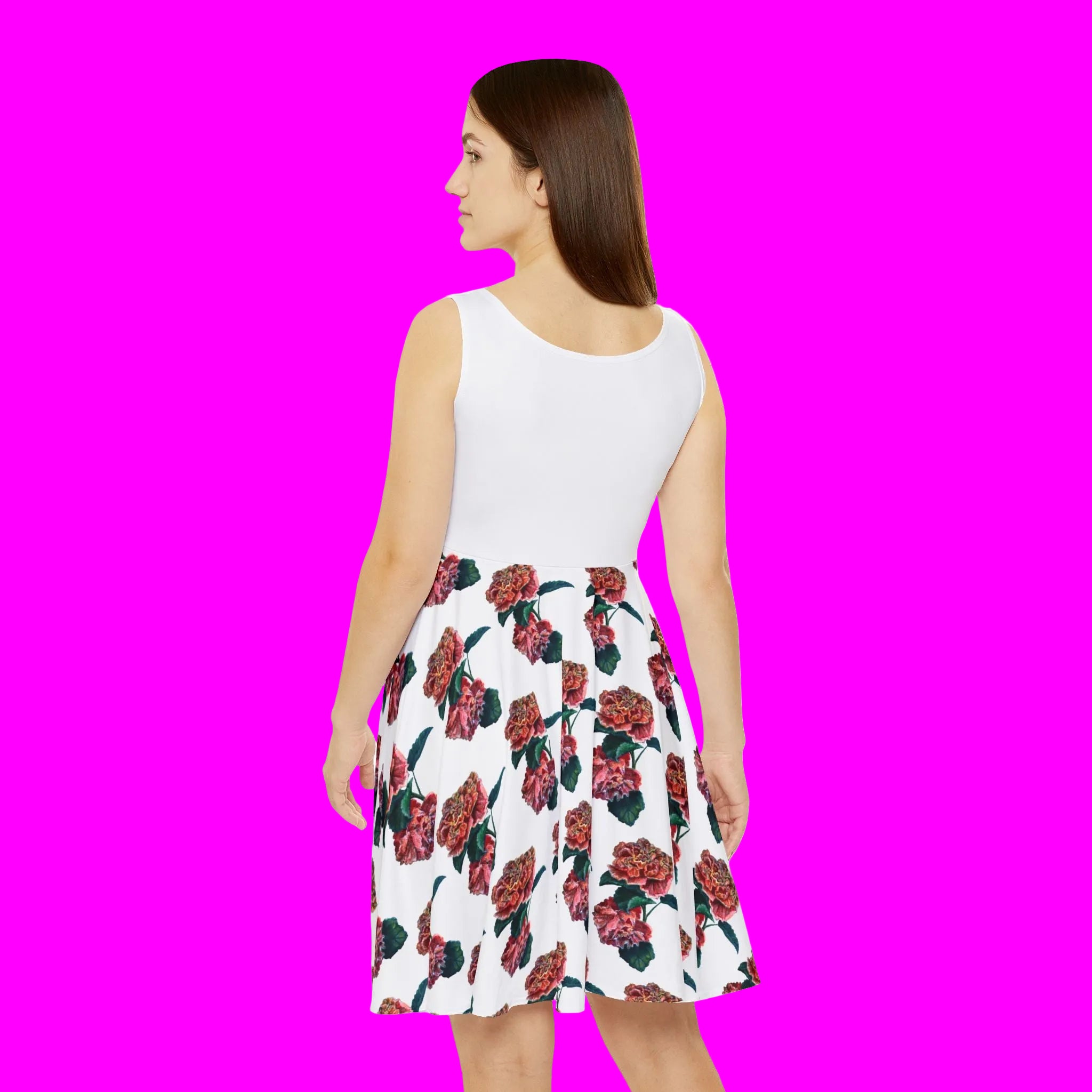Woman's dress is romantic with flower print and full skirt yet stretchy and comfortable XS-2XL