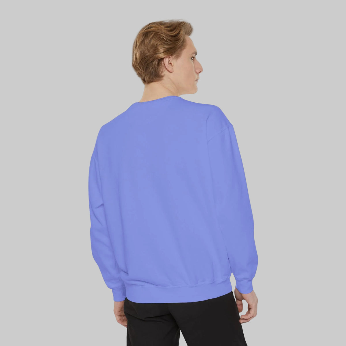 Flo blue colored sweatshirt shown from back