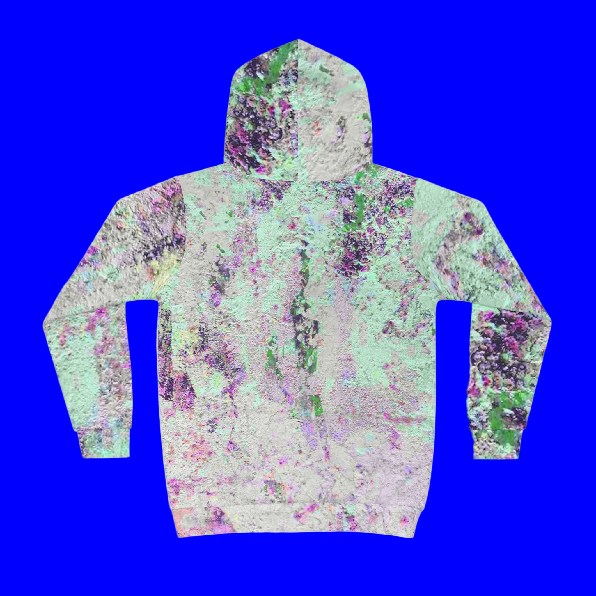 Multicolored abstract patterned hoodie on a colored background