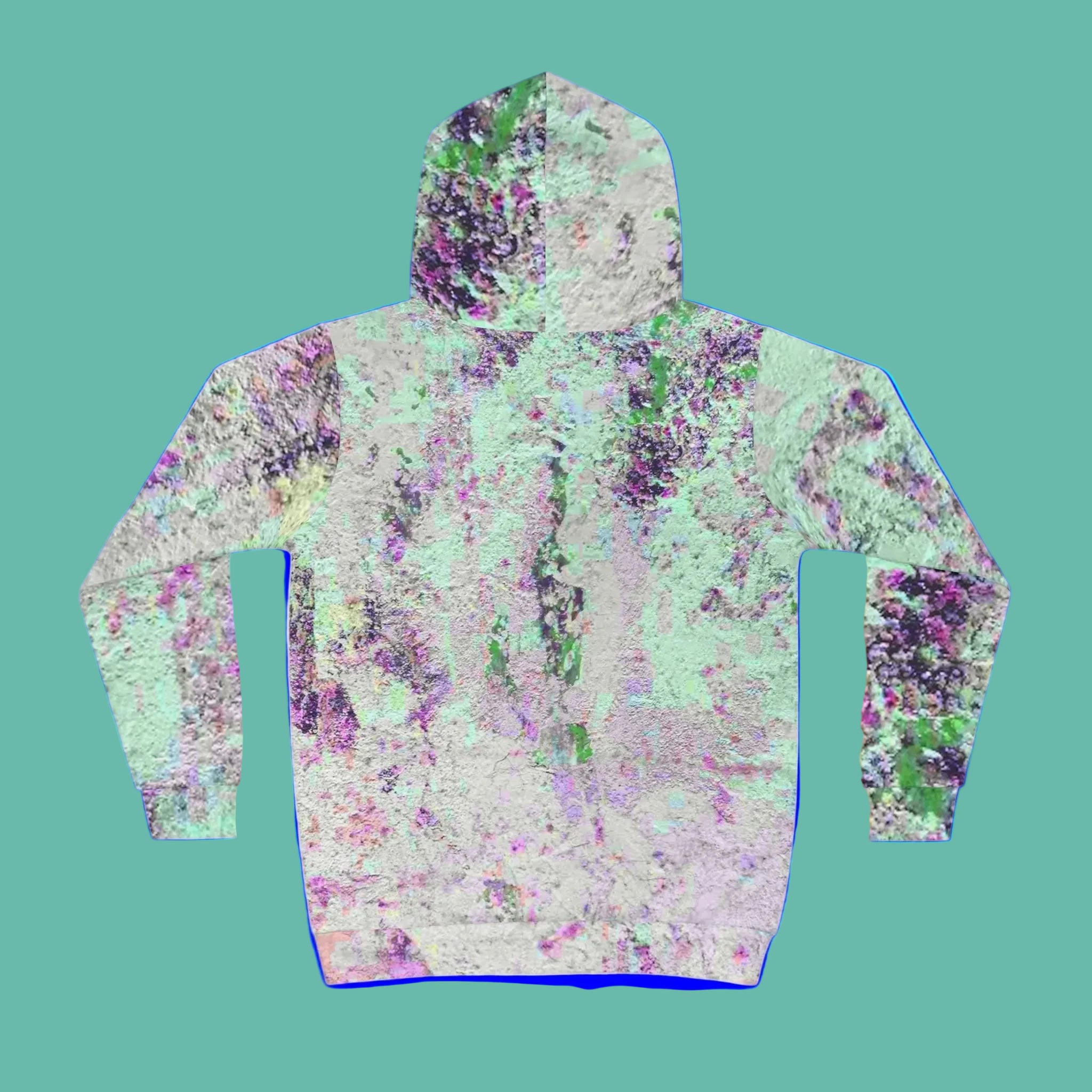 Multicolored abstract patterned hoodie on a colored background