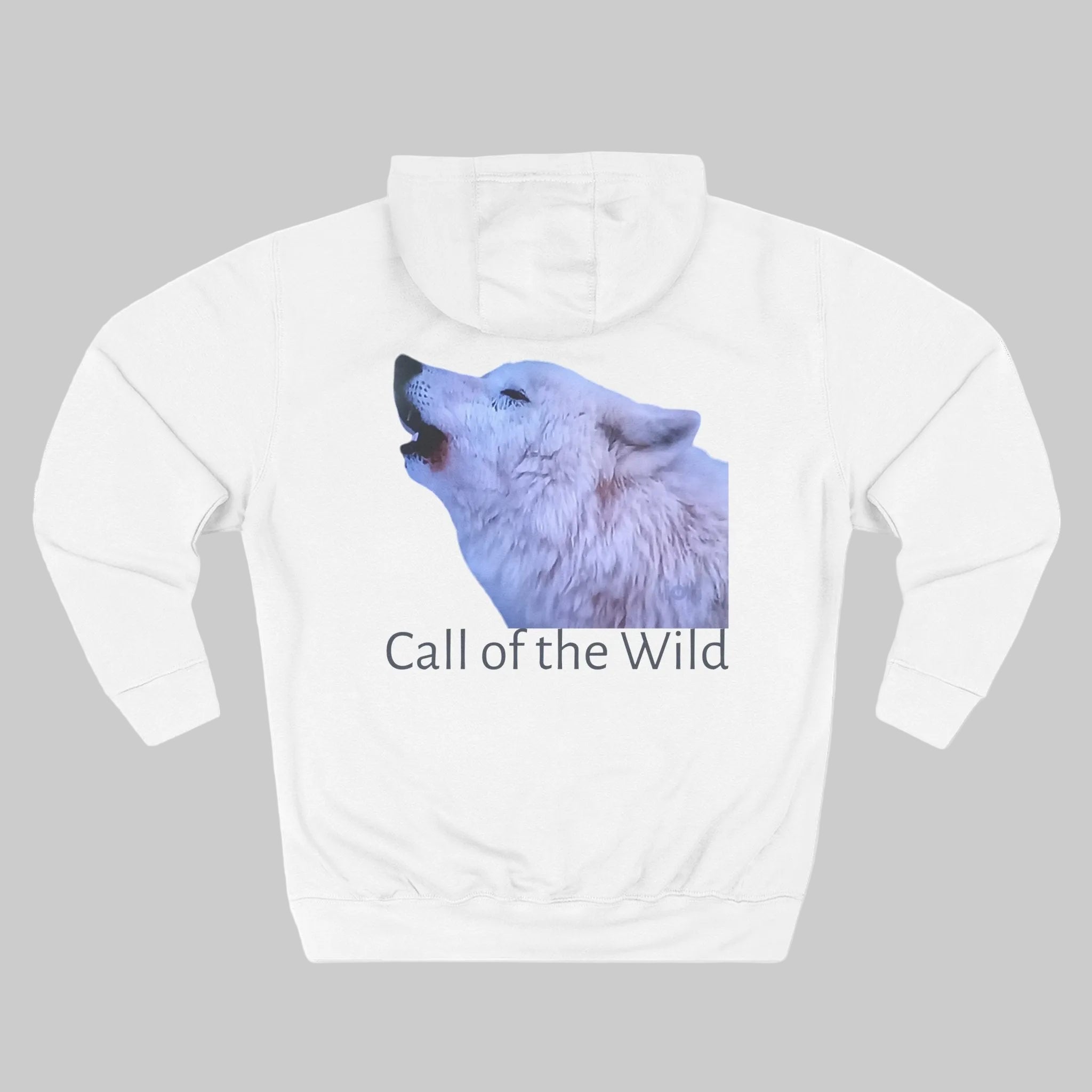Back view of white pullover hoodie with a graphic print of a howling wolf and the text 'Call of the Wild'