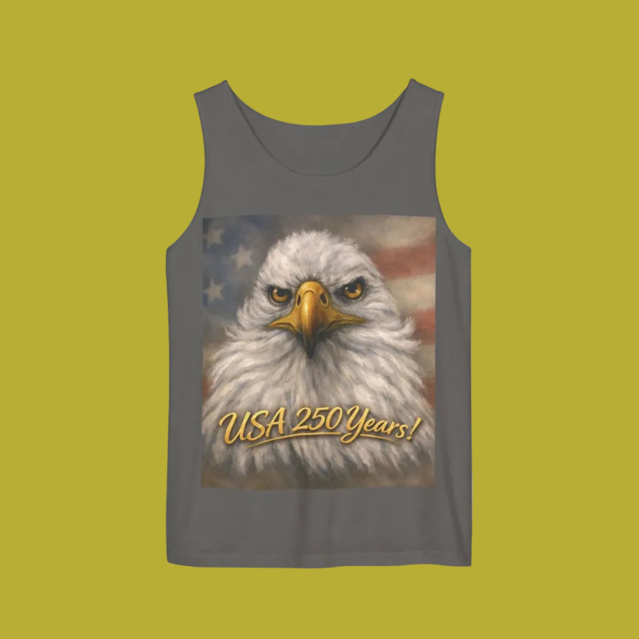 Gray tank top with an eagle design and 'USA 250 Years!' S-3XL - colors
