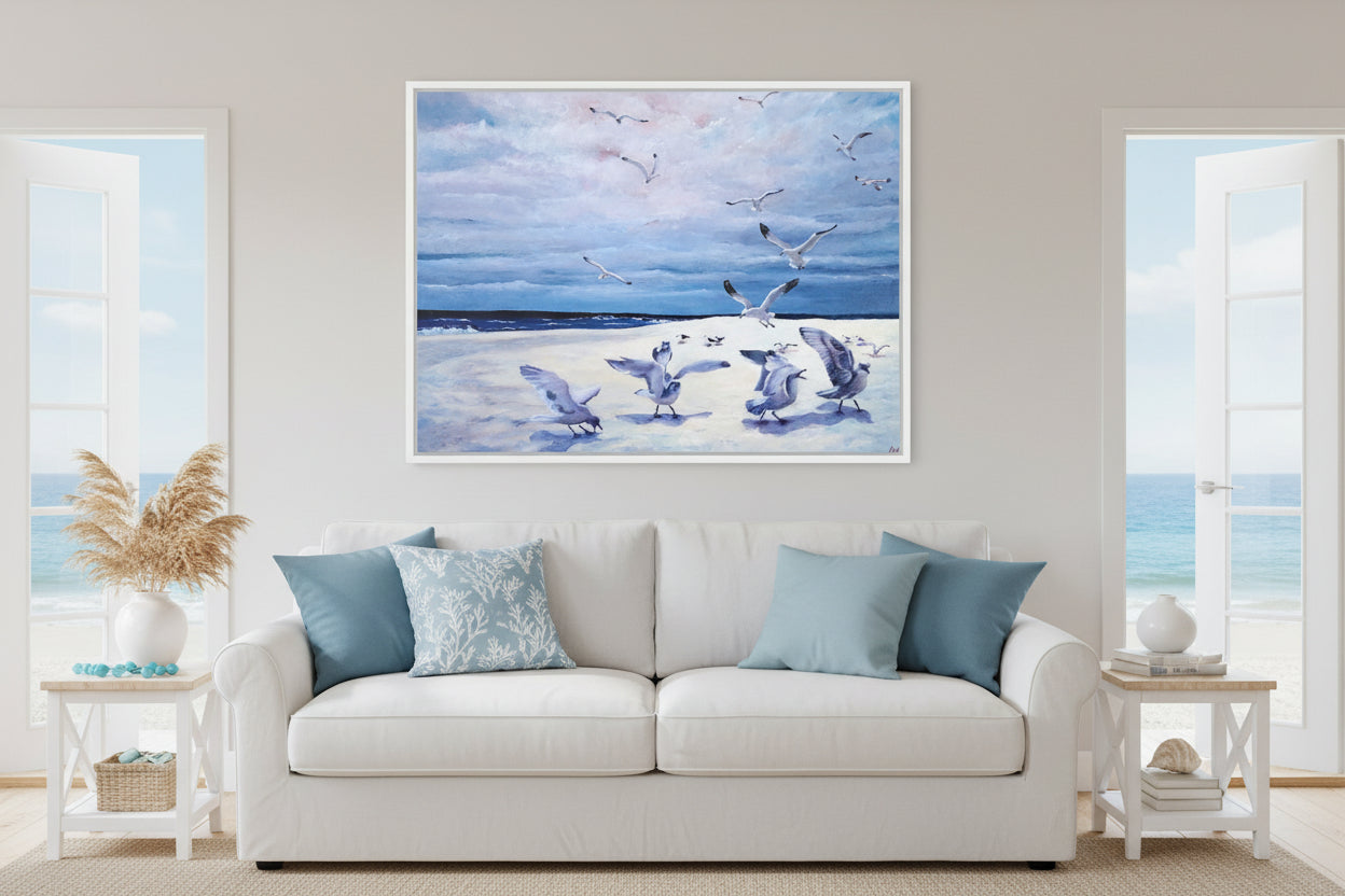 Painting of seagulls at the beach looking for breakfast with a pink - blue sky