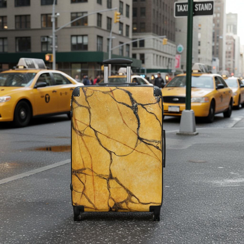 Marble-patterned suitcase with taxis background