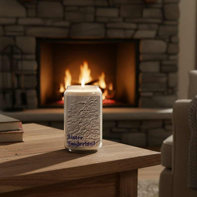 Soy Candle with 'Winter Wonderland' text and snowy evergreen tree design