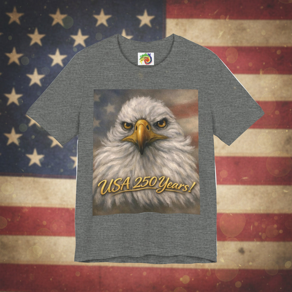 Gray t-shirt with an eagle graphic and 'USA 250 Years!' text