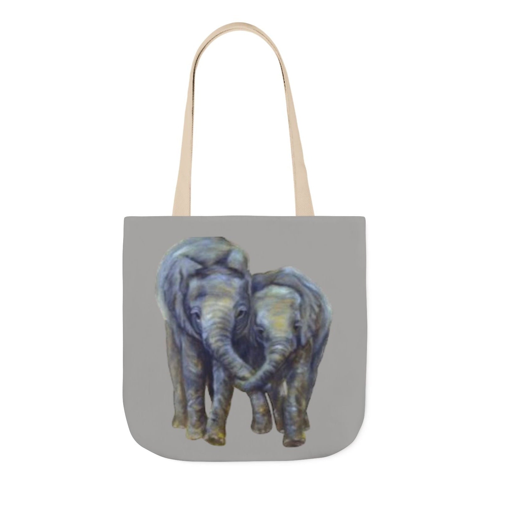 A gray tote bag with beige shoulder straps, featuring a printed illustration of two elephants on both sides in durable polyester canvas