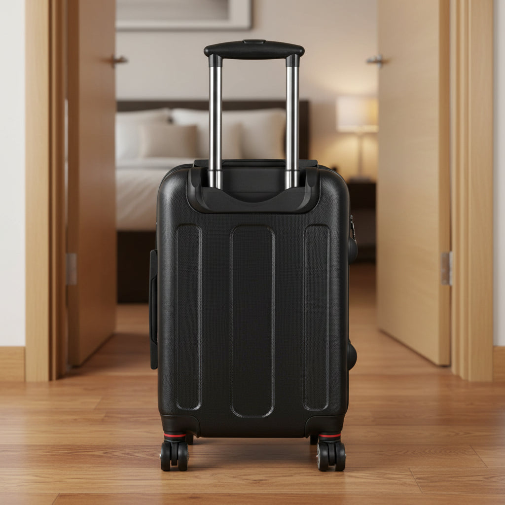 black back of luggage with blue background