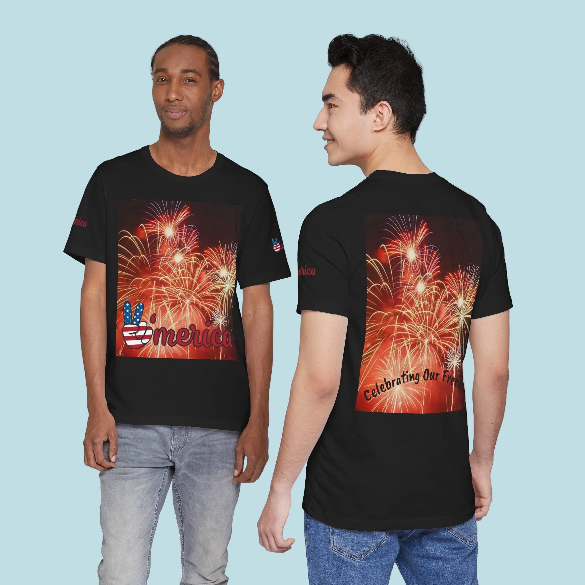 Black t-shirt with fireworks design on front and back - XS-4XL