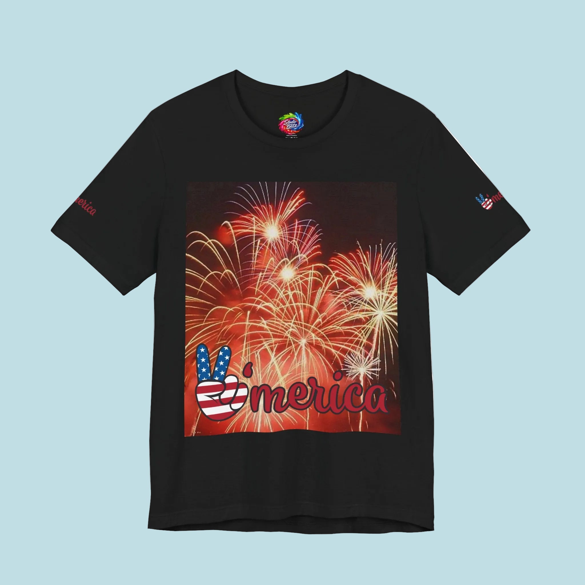 Black t-shirt with a graphic of fireworks in 5 colors - XS-4XL