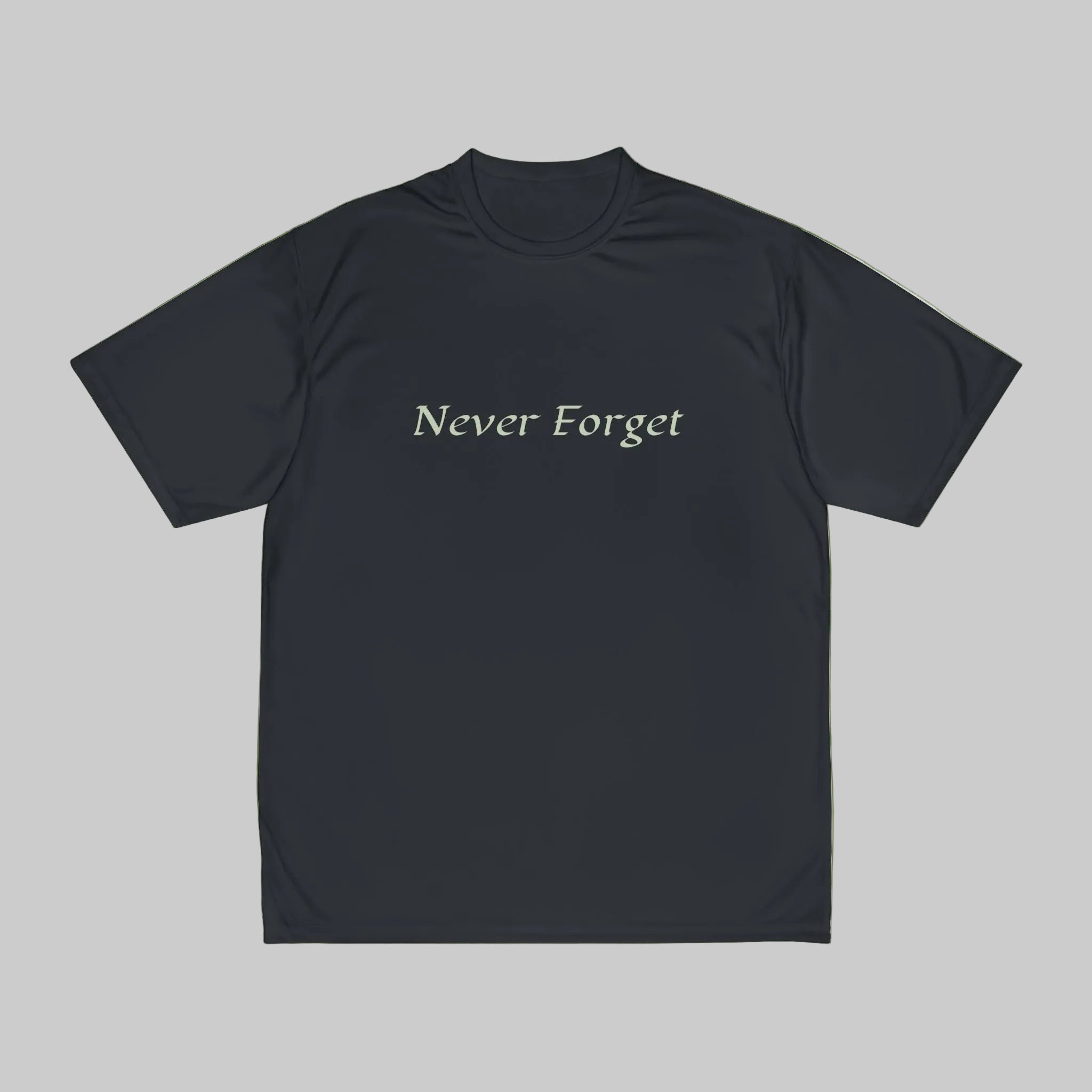 Black t-shirt with 'Never Forget' text on a green background