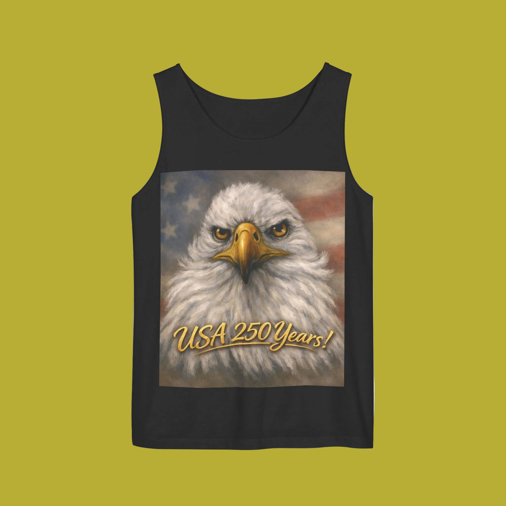 Black tank top with an eagle painting and 'USA 250 Years!' Commemorate our History
