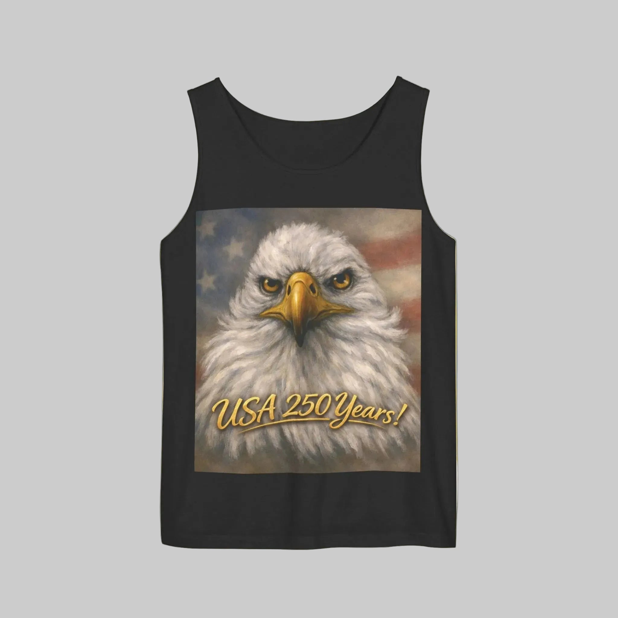 Black tank top with an eagle painting and 'USA 250 Years!' text