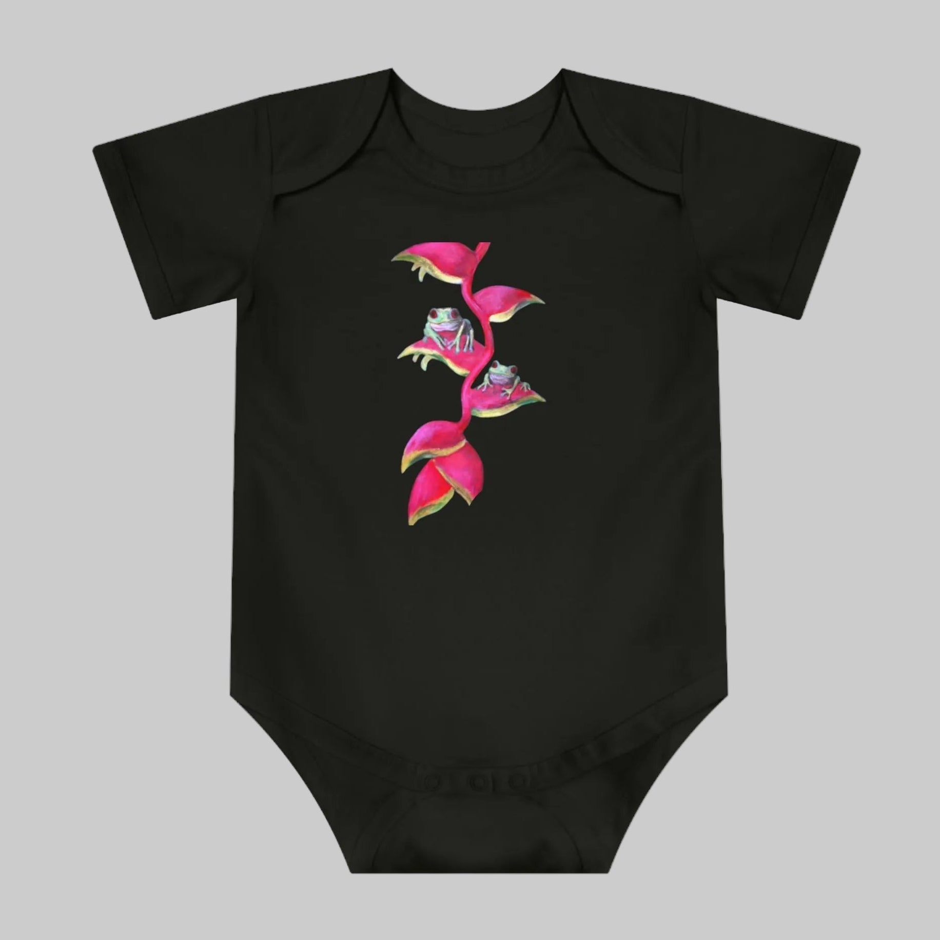 black baby bodysuit with cute graphics in 95% soft cotton and snaps
