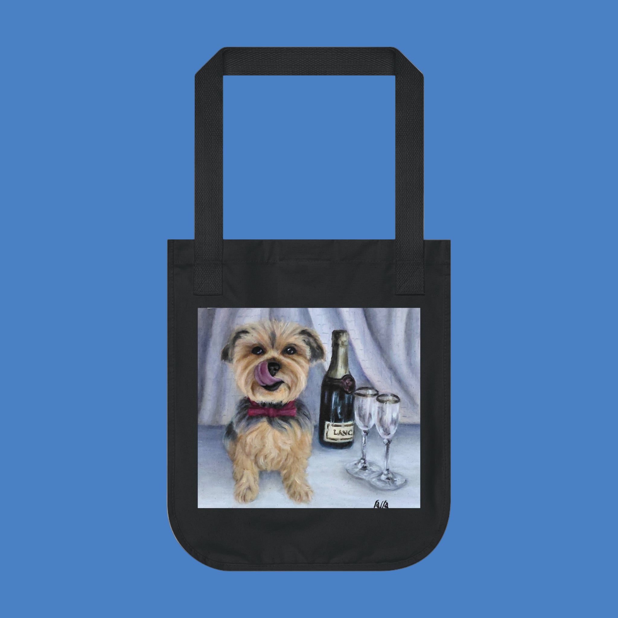 Black organic tote bag with a cute Yorkie and champagne painting for pet lovers