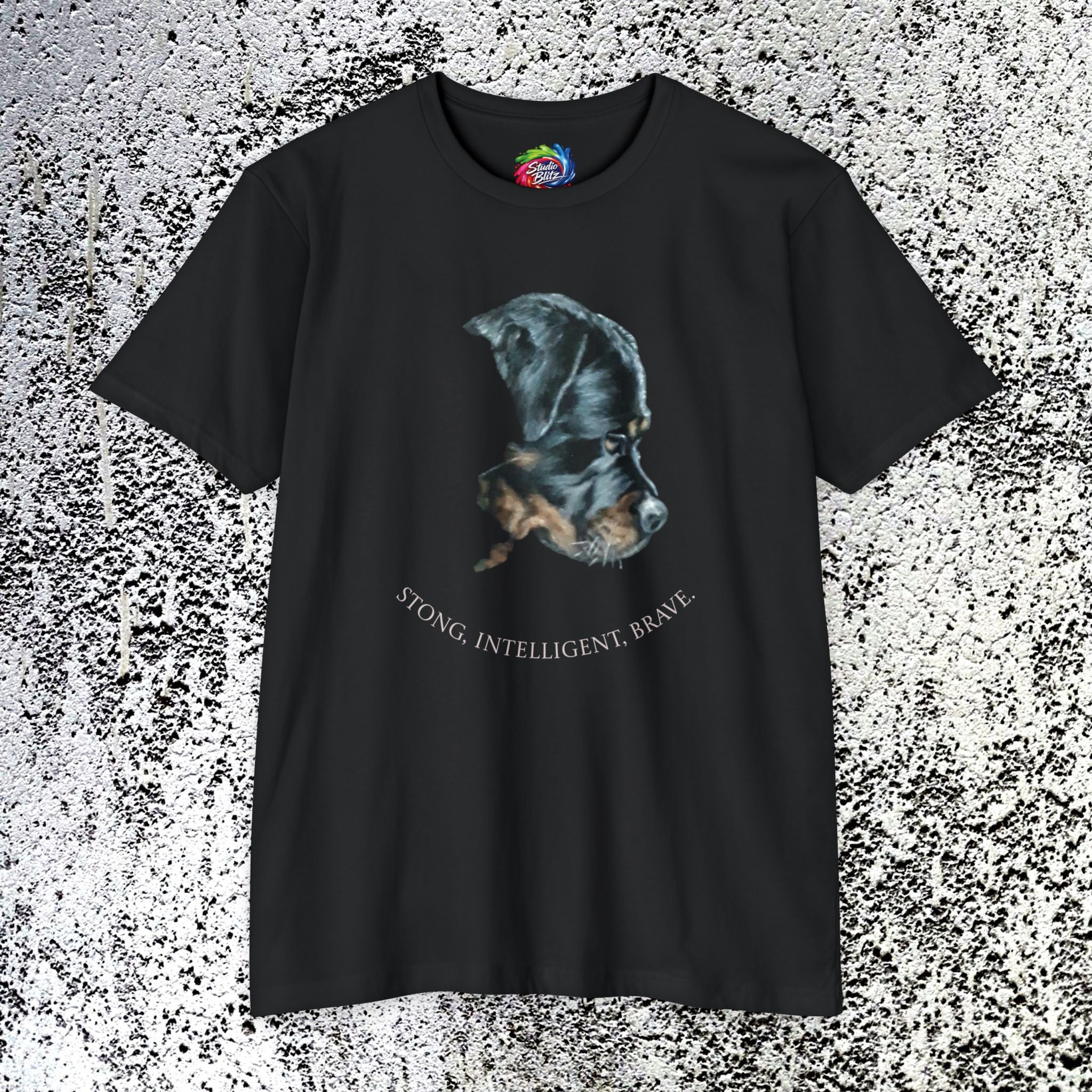 Black t-shirt with a Rottweiler Portrait with text: strong, intelligent, brave