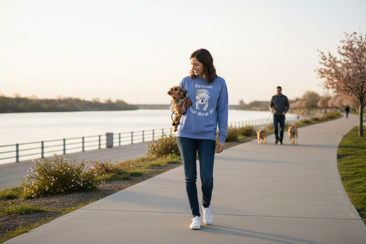 Woman in Raglan Blue shirt walking a dog on a path by a lake with another person and two dogs in the background.