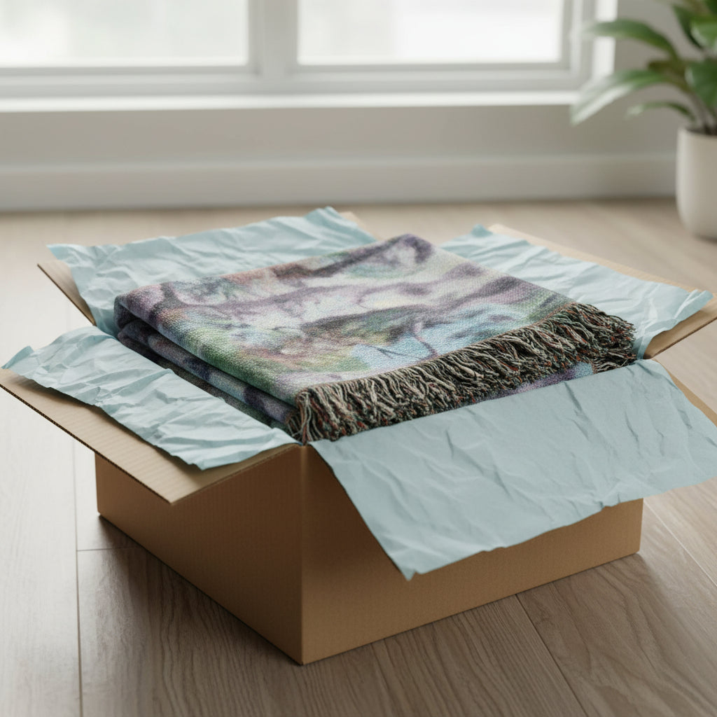 White Birch throw blanket with fringed edges sits in a box for a fabulous thoughtful gift