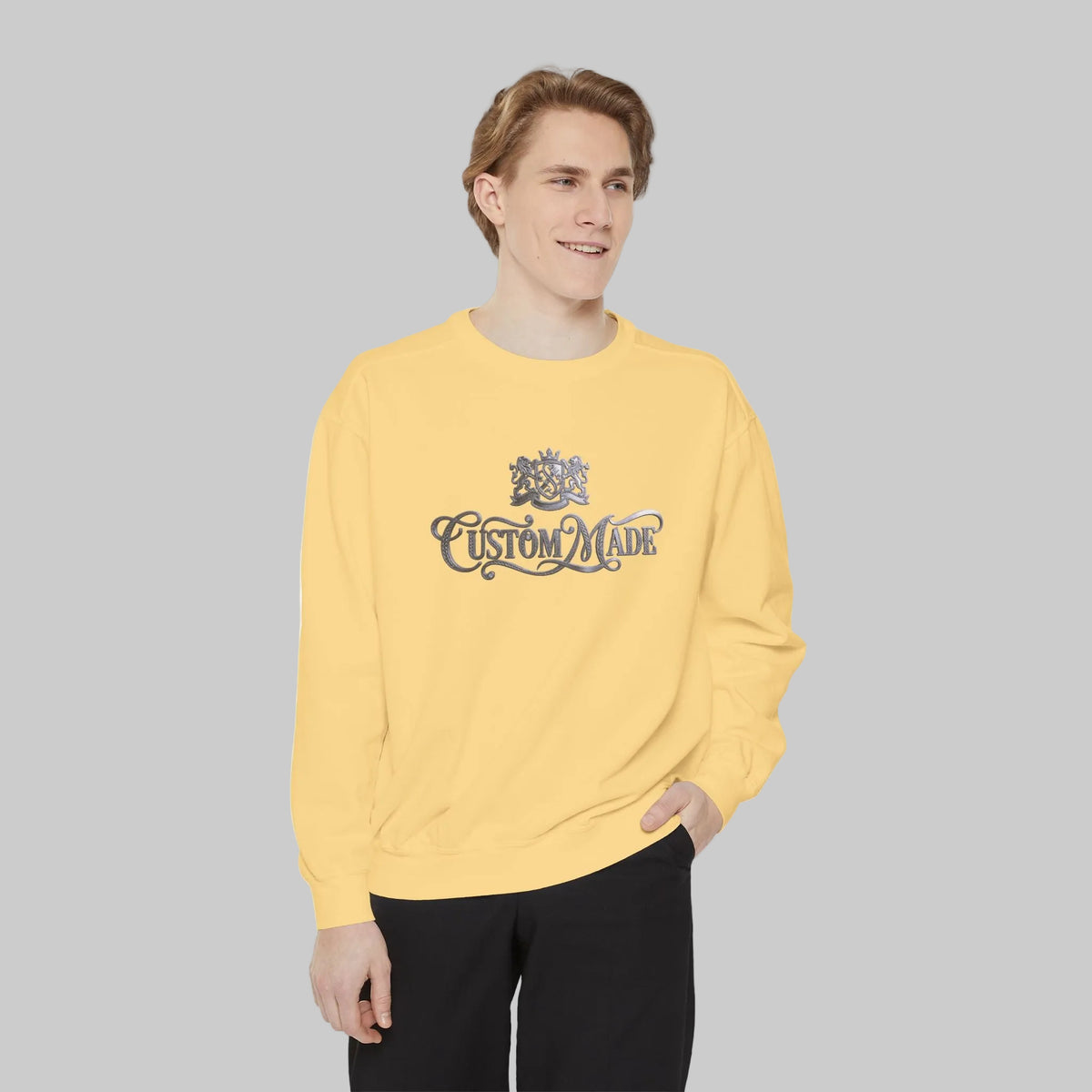 Butter yellow sweatshirt with ornate text graphic, CUSTOM MADE