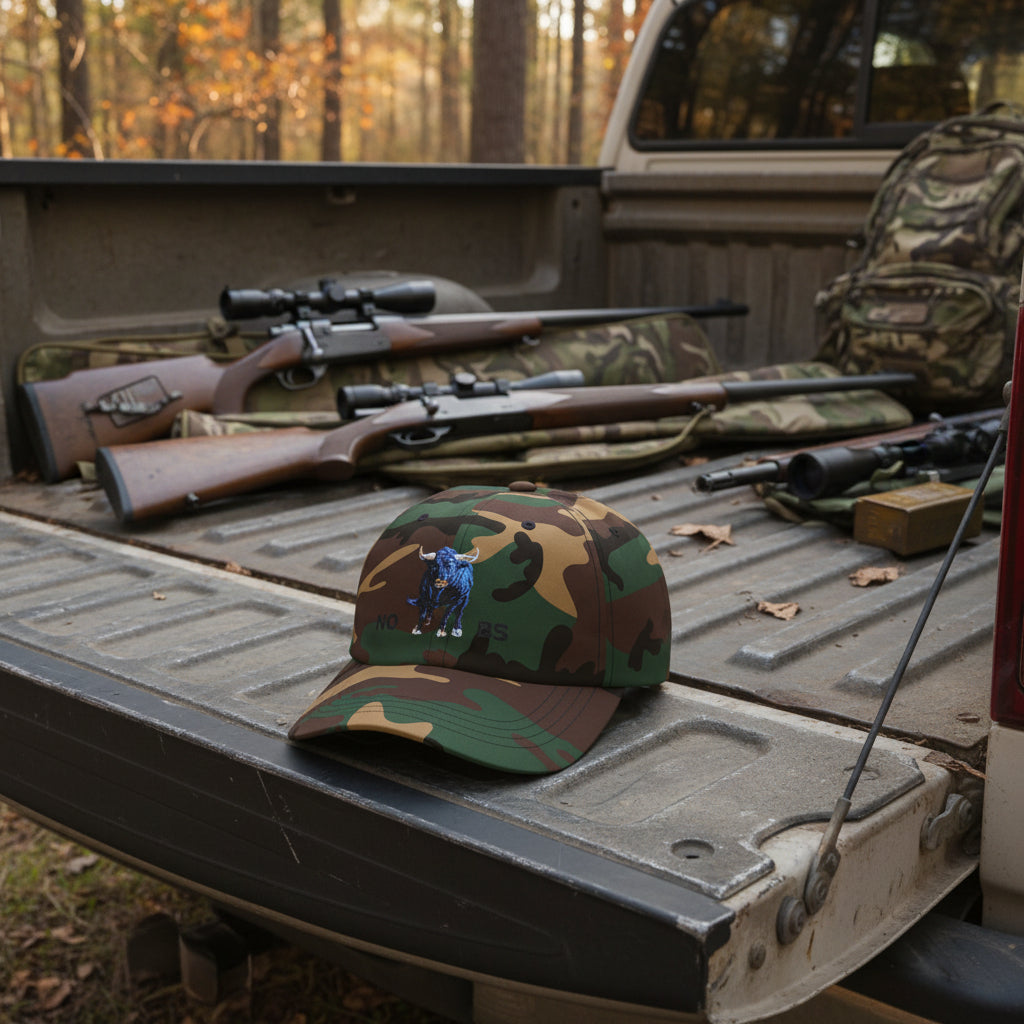Camouflage cap with a blue bull graphic and 'NO BS' text on a white background