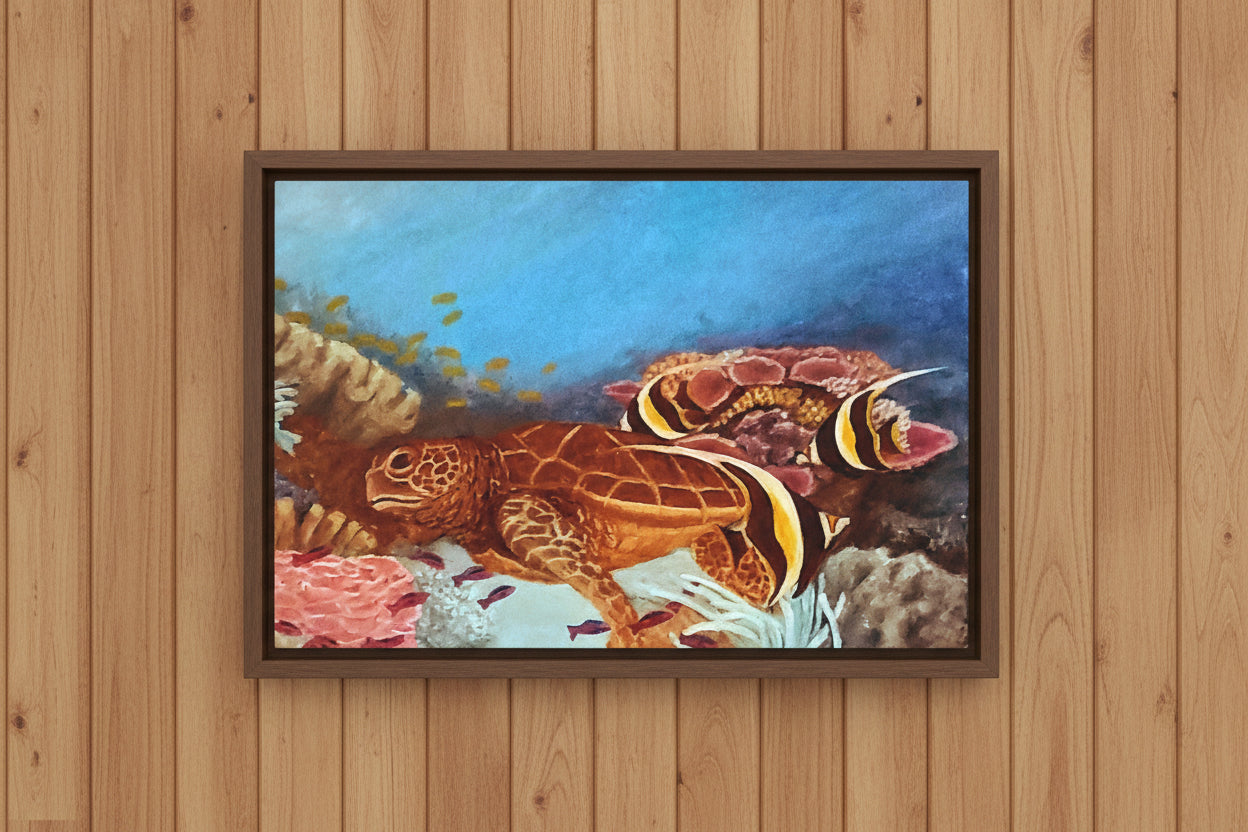 Canvas Print of a turtle and clownfish in an underwater scene with coral. Available in 4 Sizes