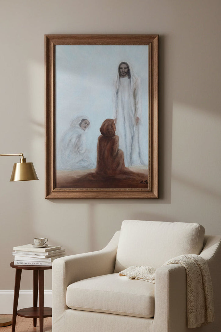 Painting of a Jesus in a white robe having a discussion with followers