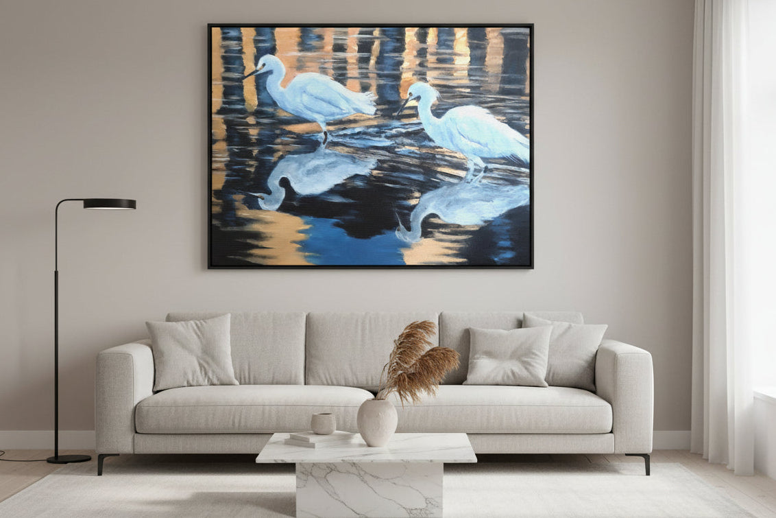 Lovely Canvas Print of two white egrets wading in water with reflections