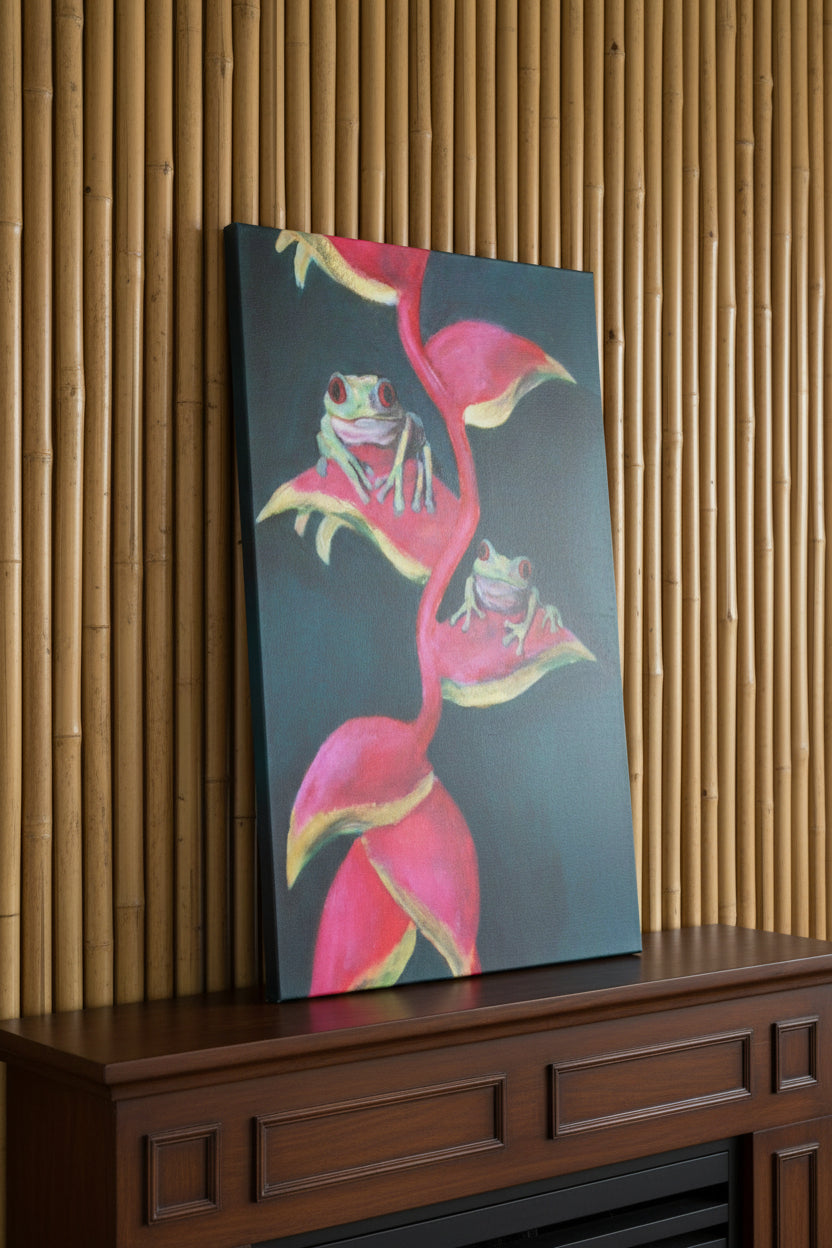 Canvas print of two red eyed frogs on pink Heliconia against a black background