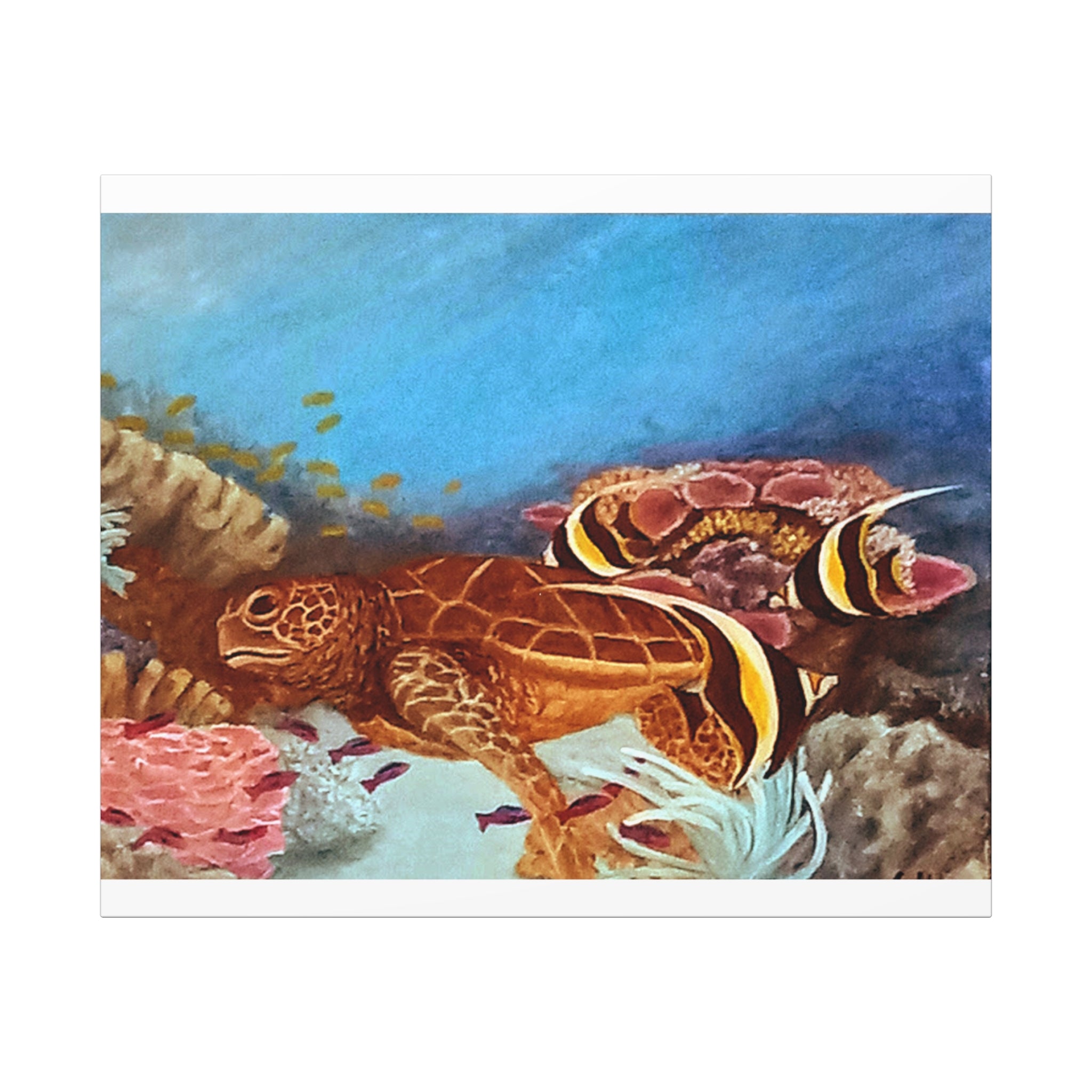 Canvas Print of a turtle and a fish in an underwater scene with coral. 4 Sizes